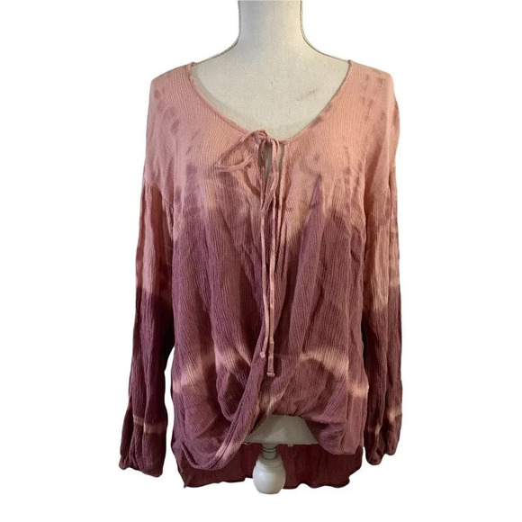 Venus Tie Dye Ombre Tunic Medium Keyhole Tie Neck Draped Hem Slouchy Peasant Top - Picture 1 of 11